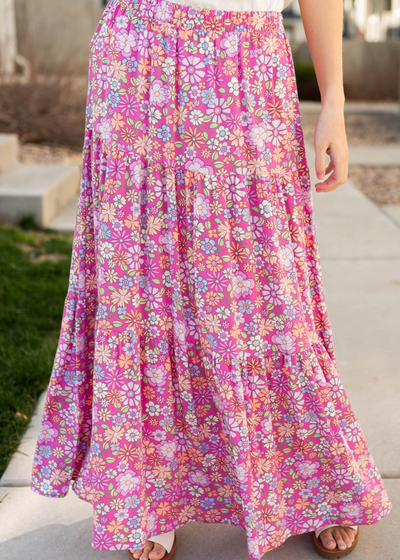 Close up of the pink floral skirt