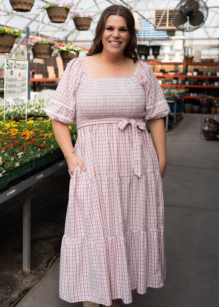 pink gingham dress plus Lexie Pink Gingham Dress - Daisy Lace Puff Sleeves & Waist Tie