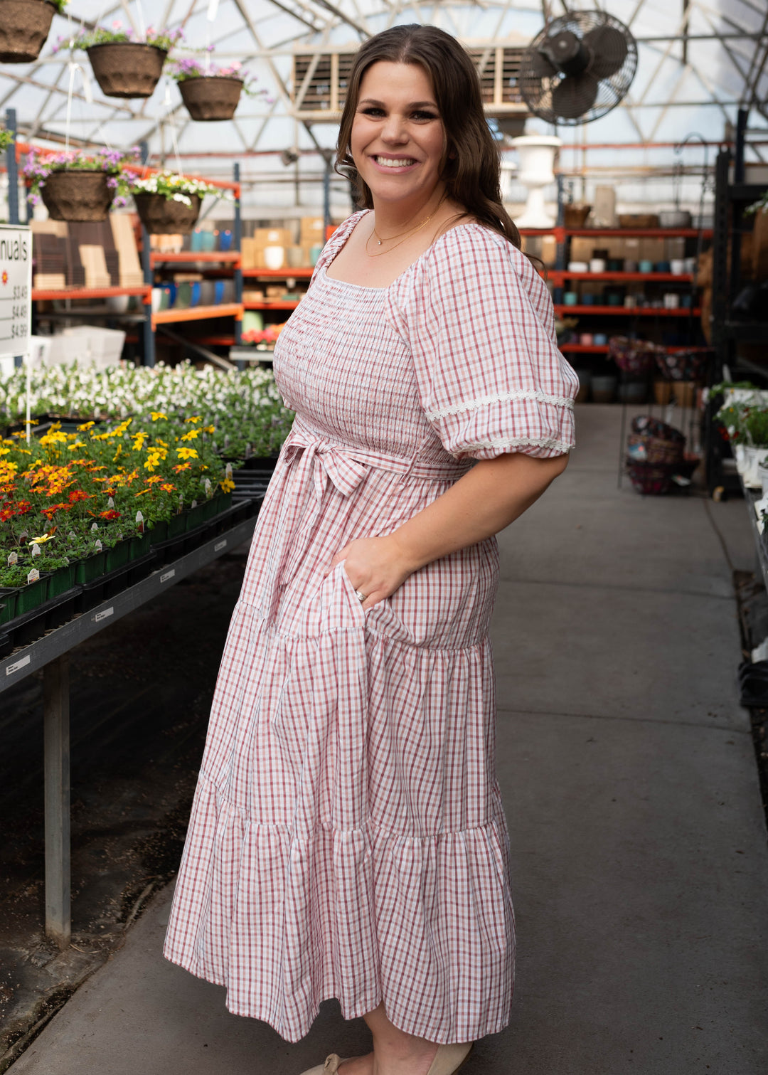 plus size gingham dress Lexie Pink - Daisy Lace Puff Sleeves & Waist Tie pegasi evening gown ROYAL SMEELA Chinese Qipao Package Includes Color:Celery (CLE)