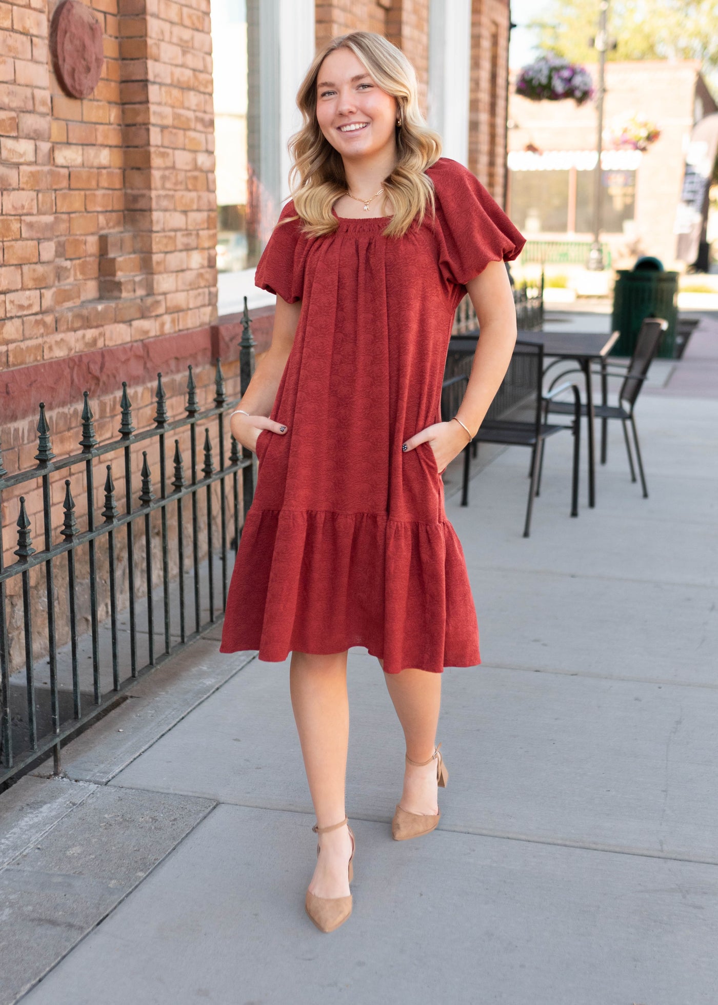 Modest rust floral dress