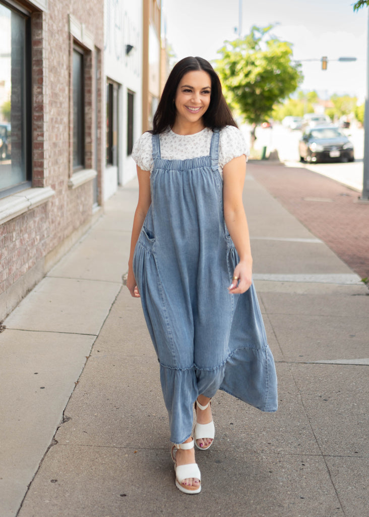 Lila Dark Denim Jumper Maxi Dress - Adjustable Straps, Ruffle Hem