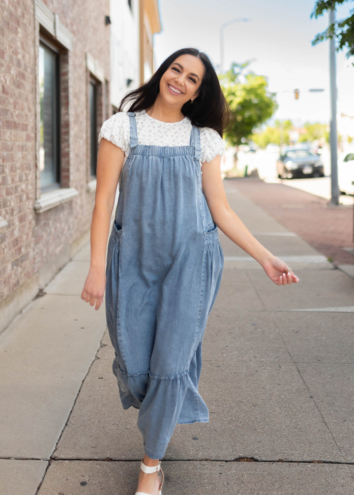 Lila Dark Denim Jumper Maxi Dress - Adjustable Straps, Ruffle Hem