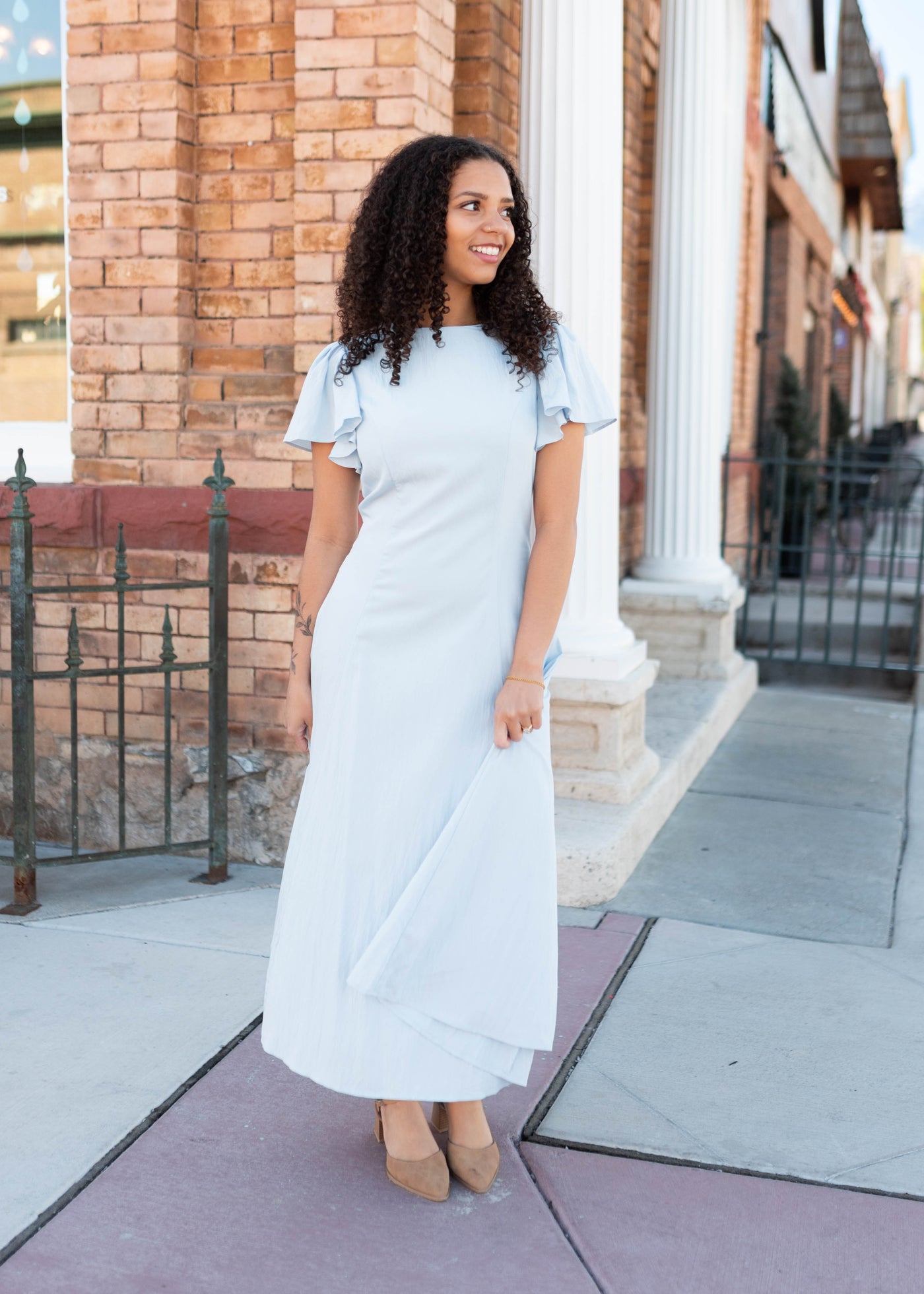 Lilah Blue Flutter Sleeve Midi Dress - Fitted Bodice & Flared