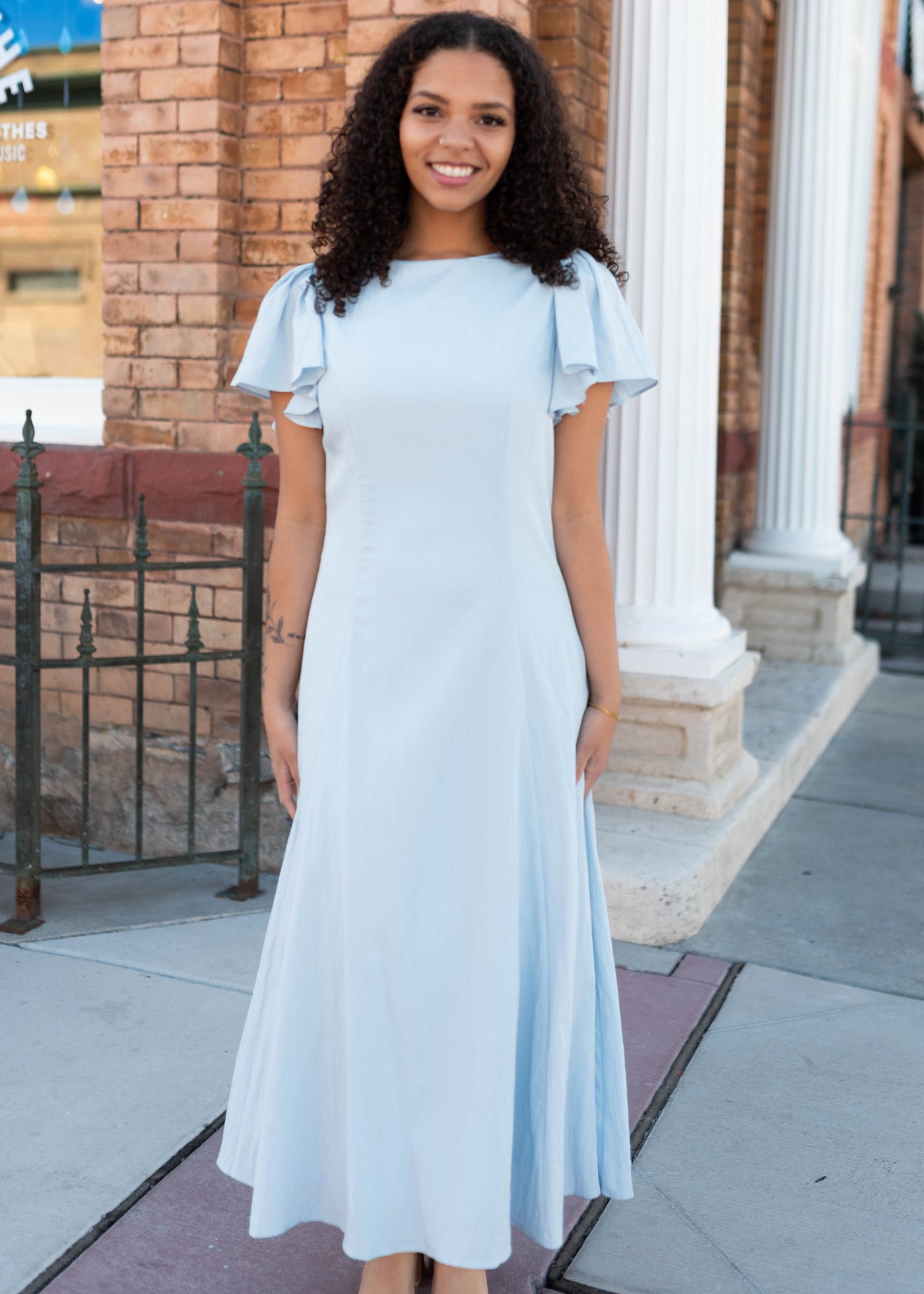 Lilah Blue Flutter Sleeve Midi Dress - Fitted Bodice & Flared Skirt
