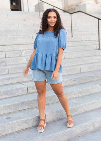 Short sleeve blue peplum shirt