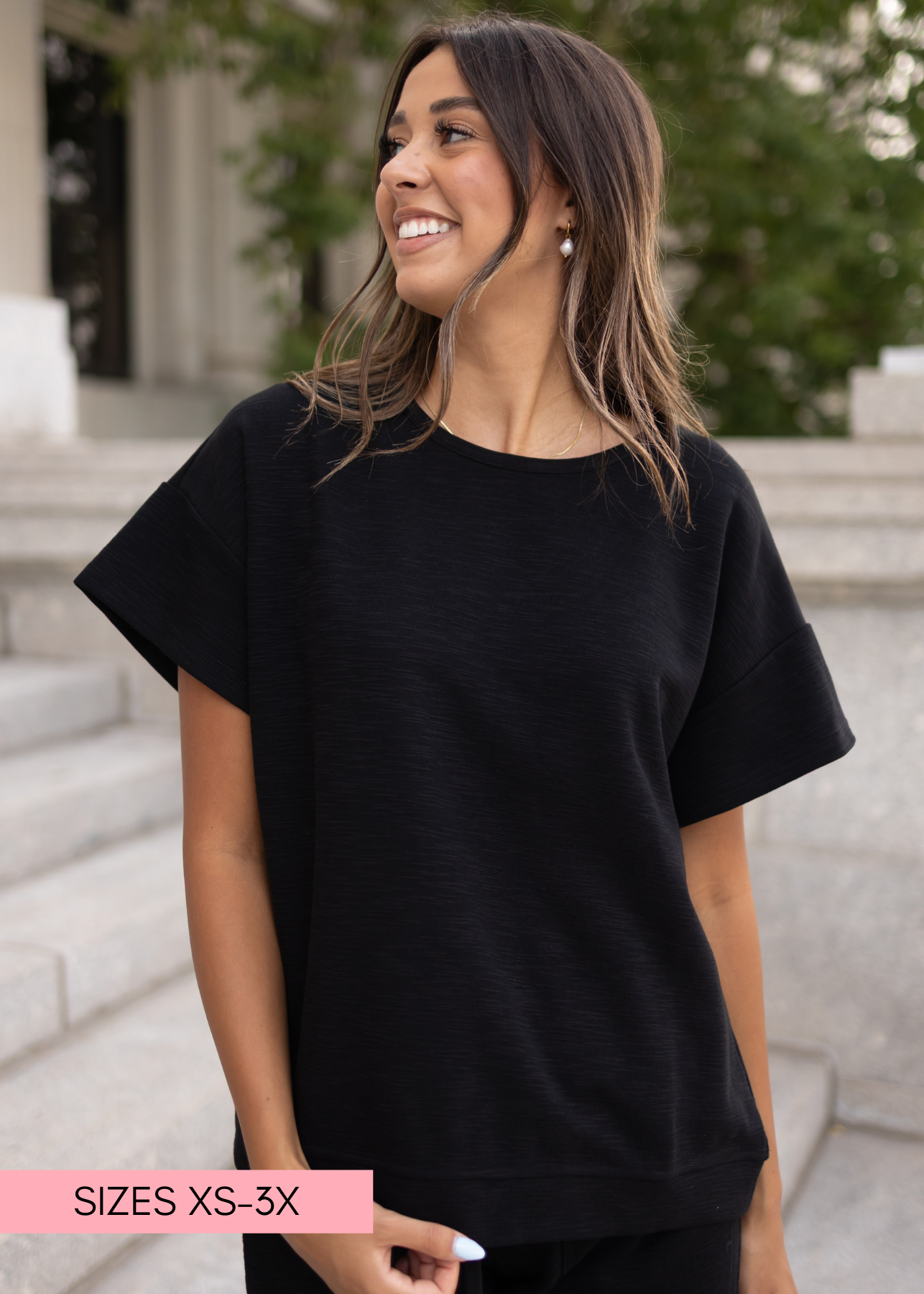 Short sleeve black knit top by lena lou in size xs to 3x