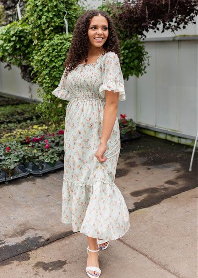 Mint floral dress with a square neck