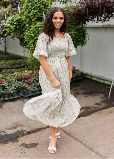 Smocked bodice on the mint floral dress