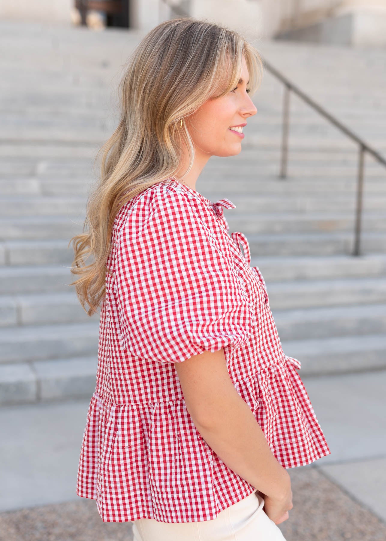 Side view of the red gingham top