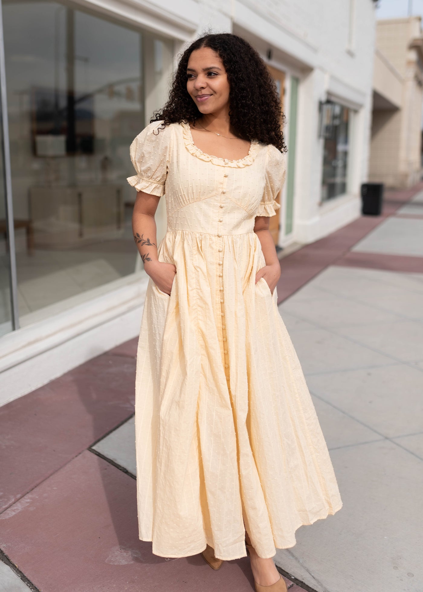 pastel yellow modest dress Linda Pale Yellow Swiss Dot Dress