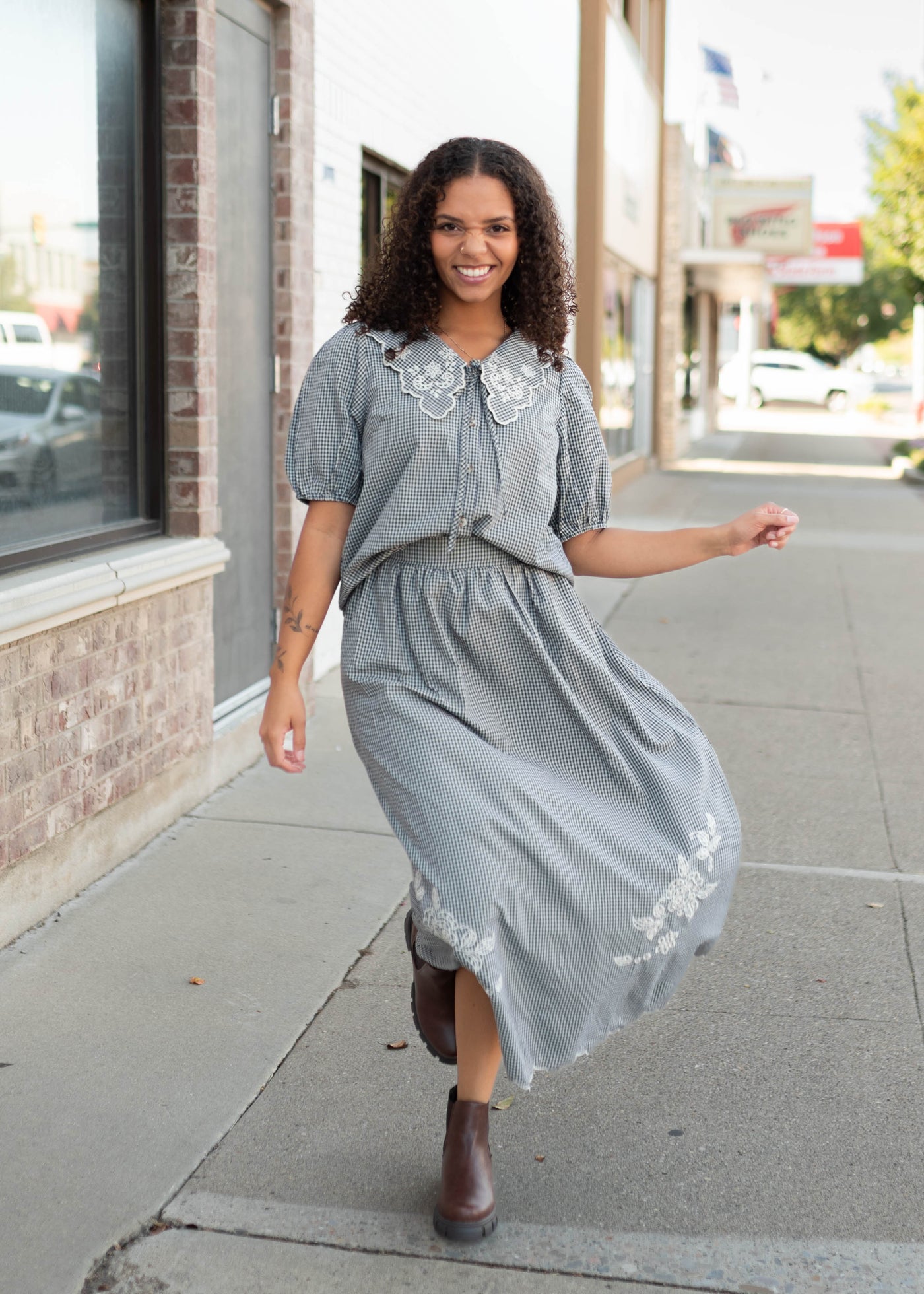 Lindsay Navy & White Gingham Floral Blouse | Lena Layne