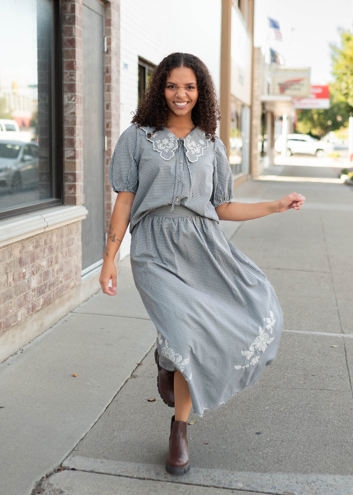 Lindsay Navy & White Gingham Floral Blouse | Lena Layne