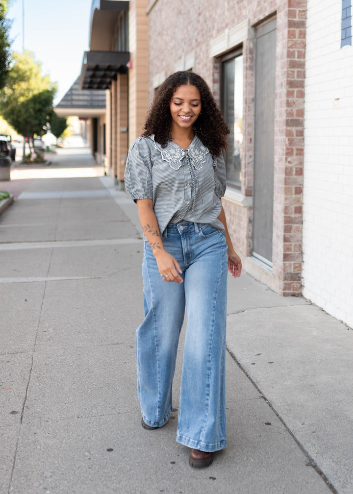 Lindsay Navy & White Gingham Floral Blouse | Lena Layne