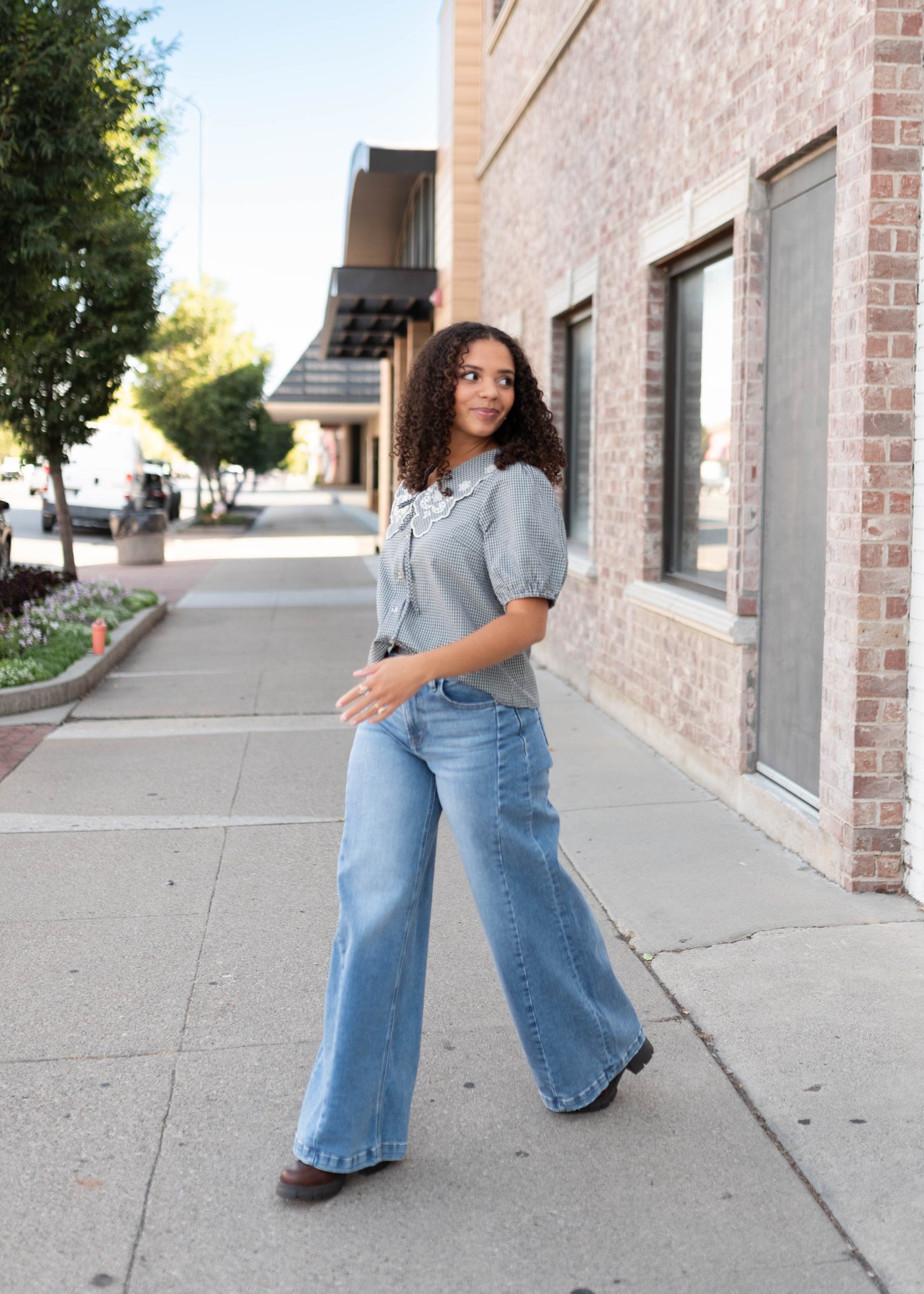Lindsay Navy & White Gingham Floral Blouse | Lena Layne