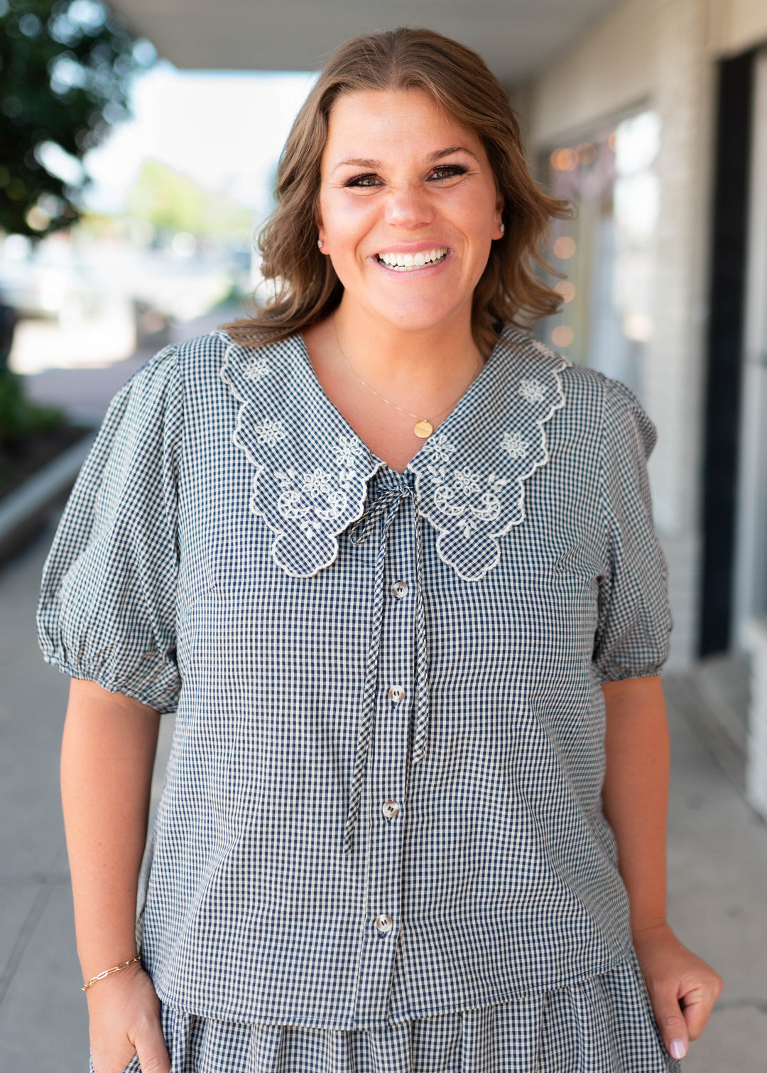 Lindsay Navy & White Gingham Floral Blouse | Lena Layne