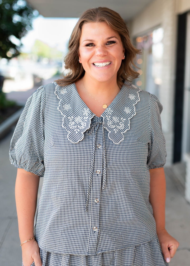 Lindsay Navy & White Gingham Floral Blouse | Lena Layne