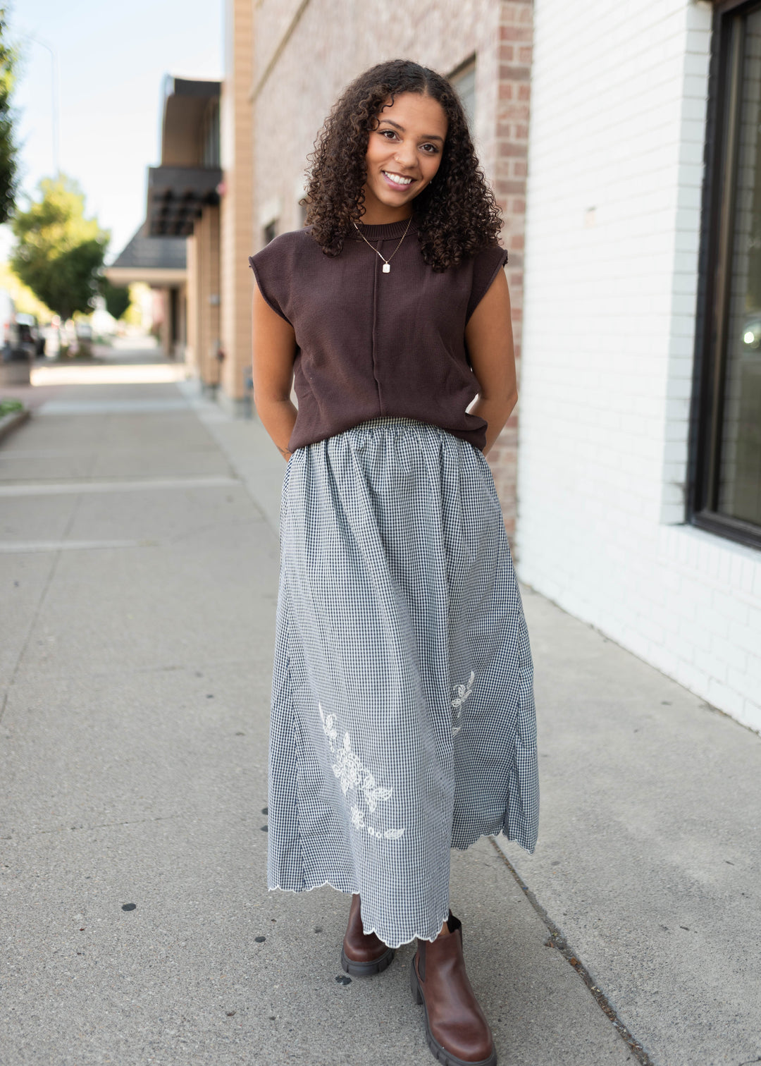 Lindsay Navy & White Gingham Floral Skirt – Lena Layne
