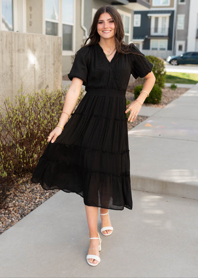 Black puff sleeve dress with short sleeves