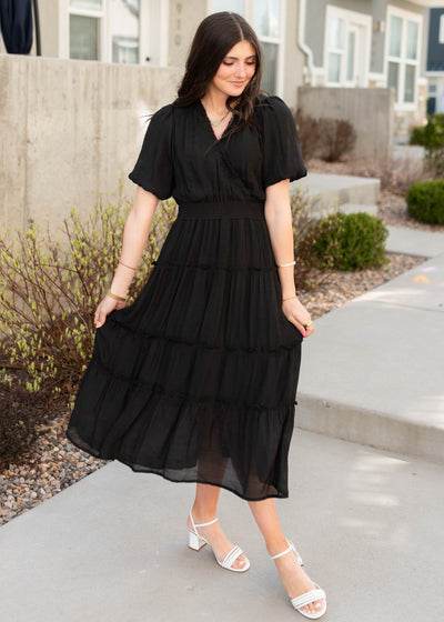 Short sleeve black puff sleeve dress