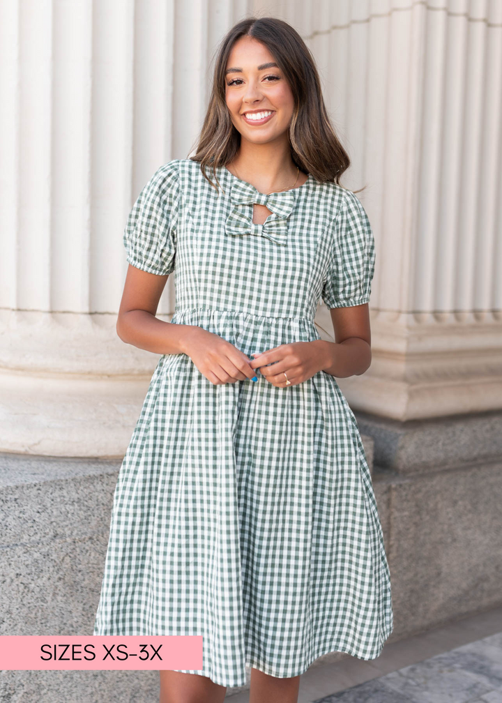 Linnea Sage Gingham Bow Dress - Classic Dress | Lena Layne