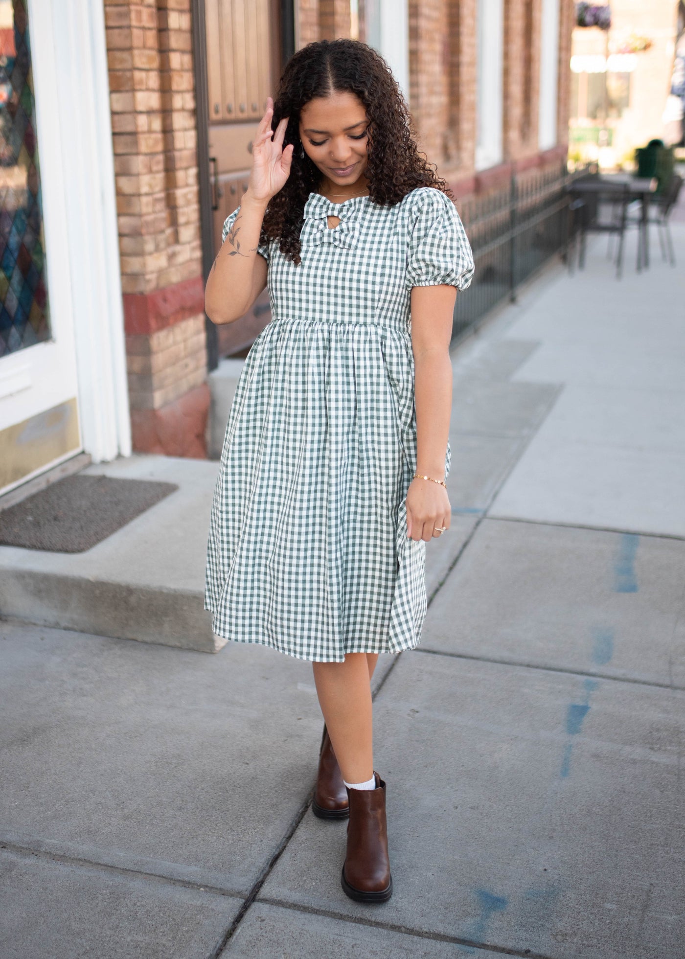 Lena & Lou exclusive sage gingham bow dress