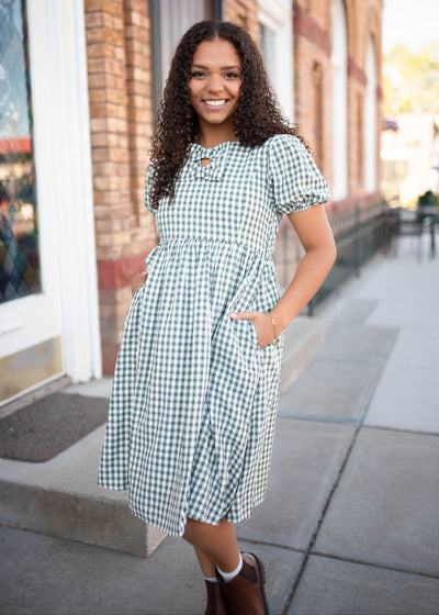 Sage gingham bow dress