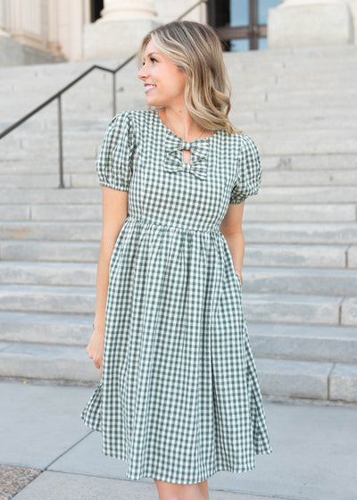 Knee length sage gingham bow dress by Lena & Lou