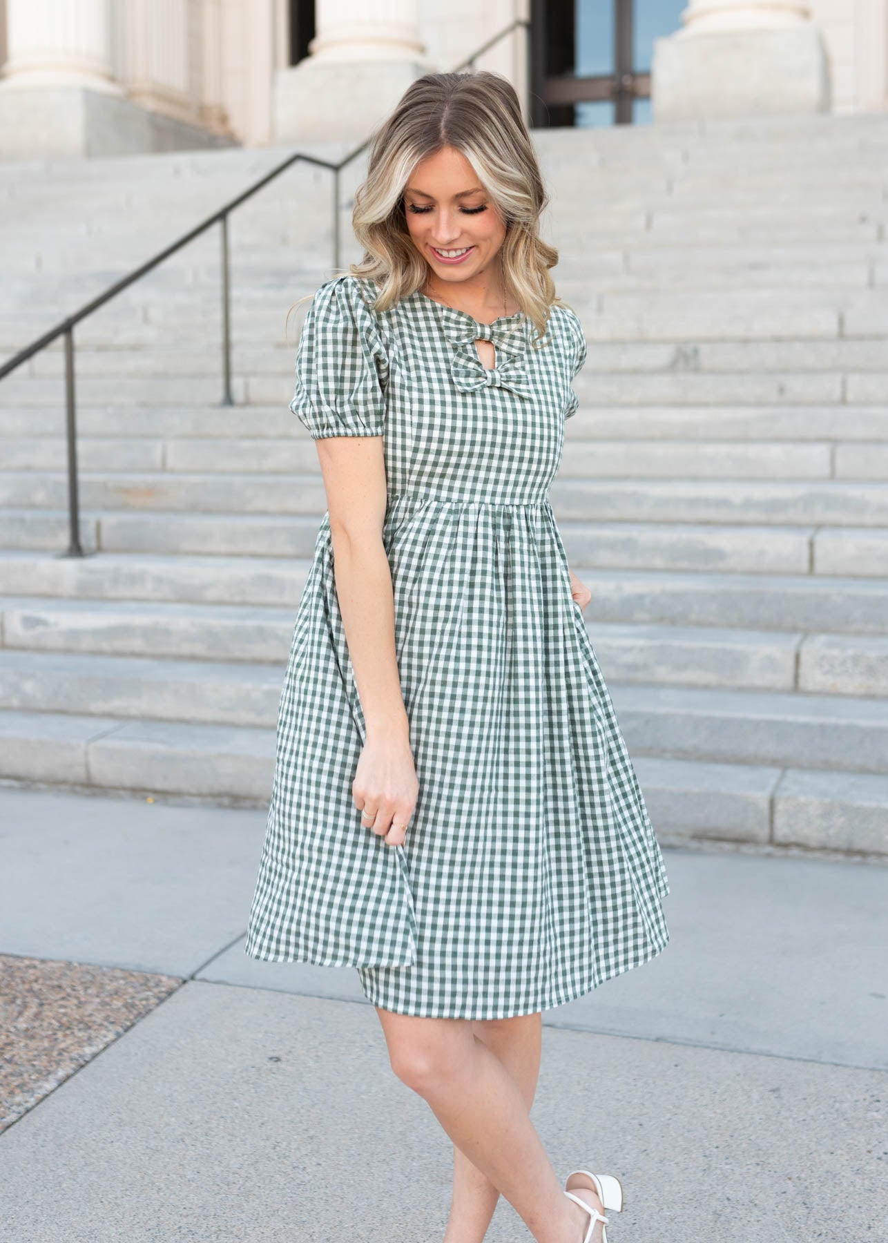 Lena & Lane small sage gingham bow dress with pockets sold at Lena Layne