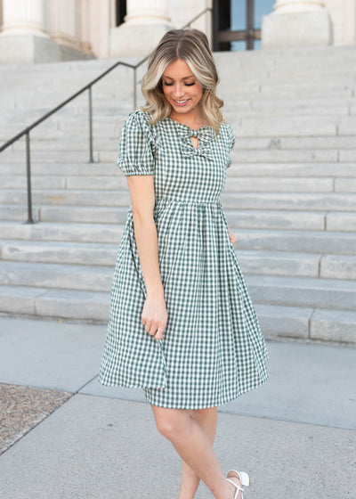 Lena & Lane small sage gingham bow dress with pockets sold at Lena Layne