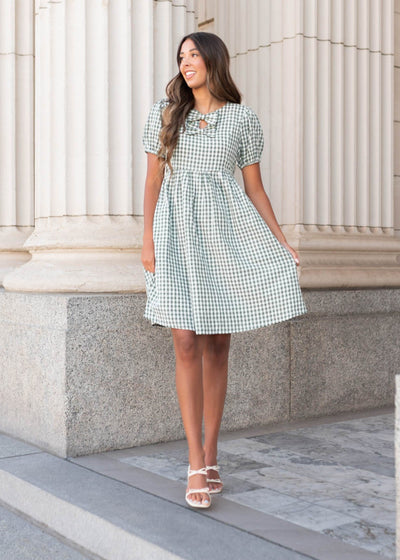 Sage gingham bow dress with gathered waist by Lena & Lou at Lena Layne