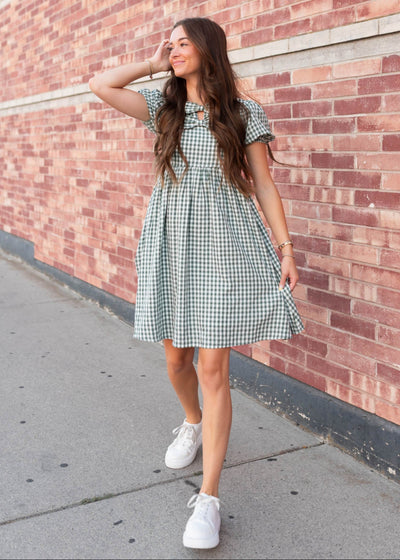 Sage gingham bow dress with removeable bows