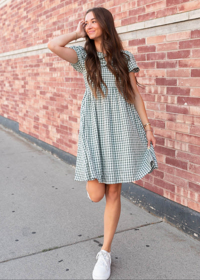 Modest sage gingham bow dress with short sleeves by Lena & Lou