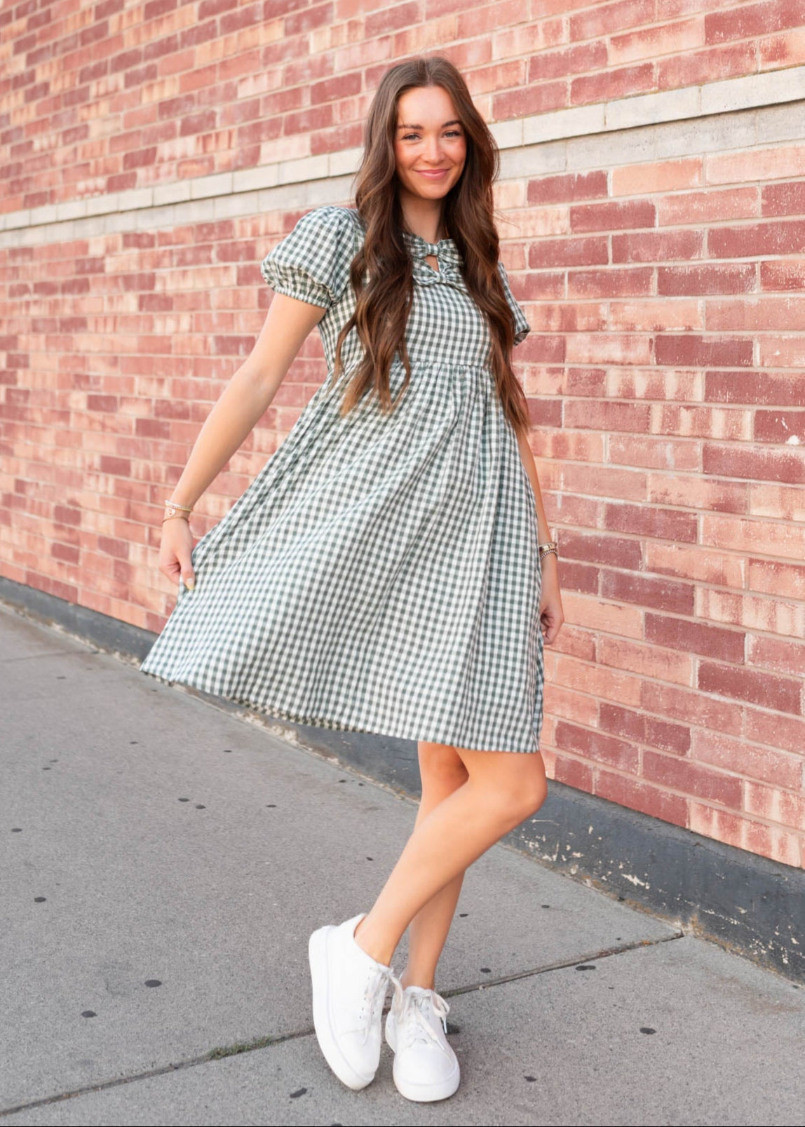 Short sleeve modest sage gingham bow dress by Lena & Lou