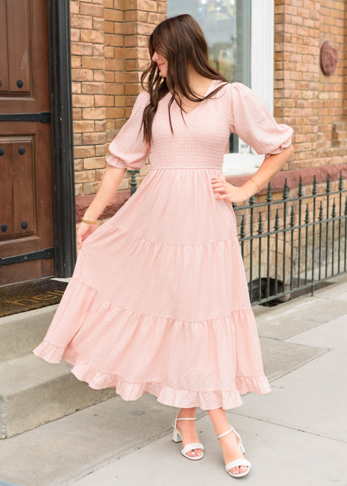 Blush smocked dress with short sleeves