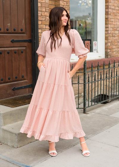 Short sleeve blush smocked dress