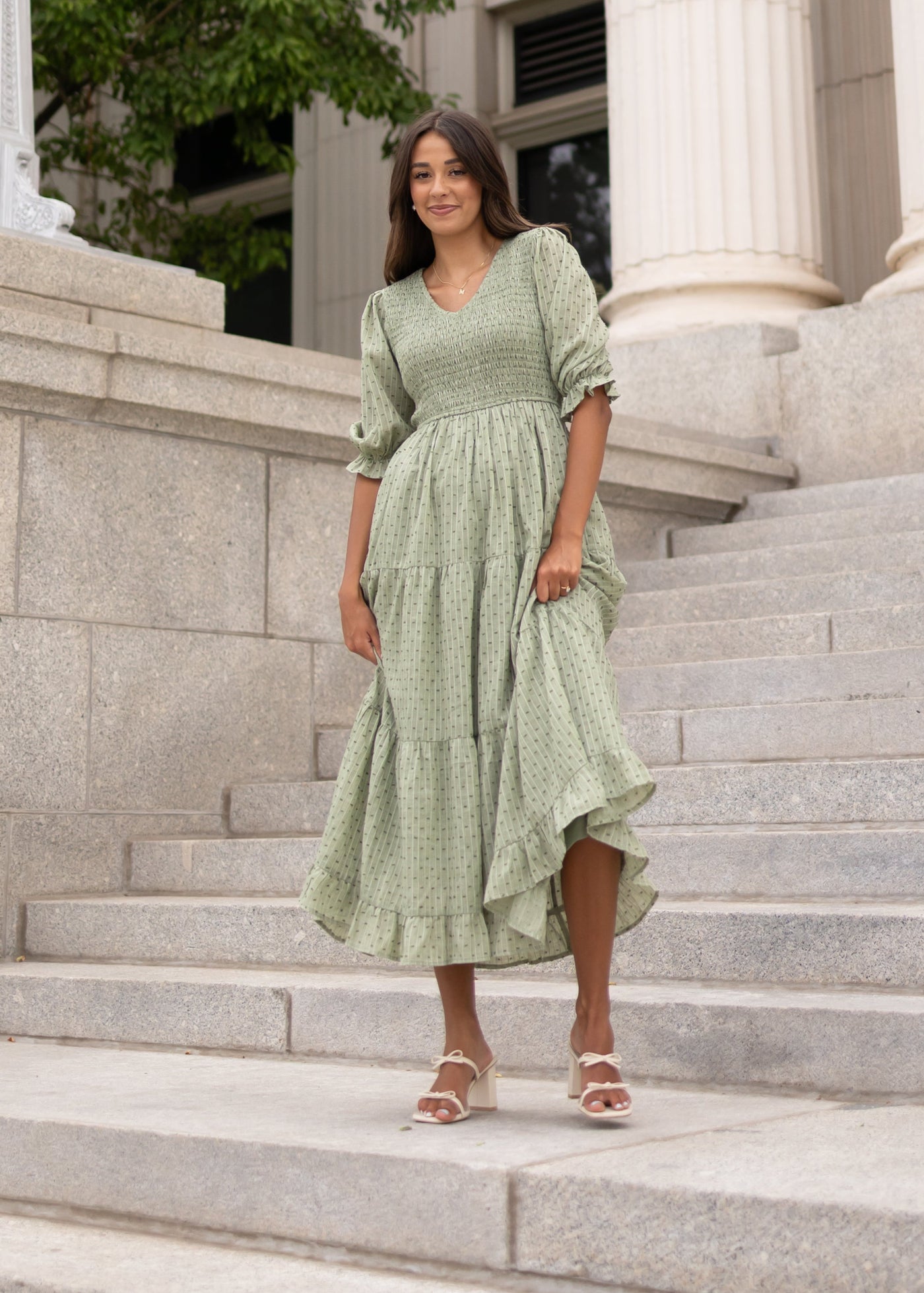 Tiered green smocked dress