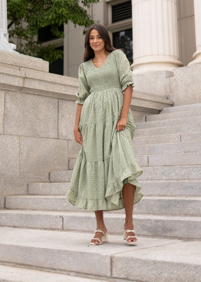 Tiered green smocked dress