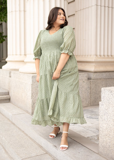 Lena Lou green smocked dress in plus size