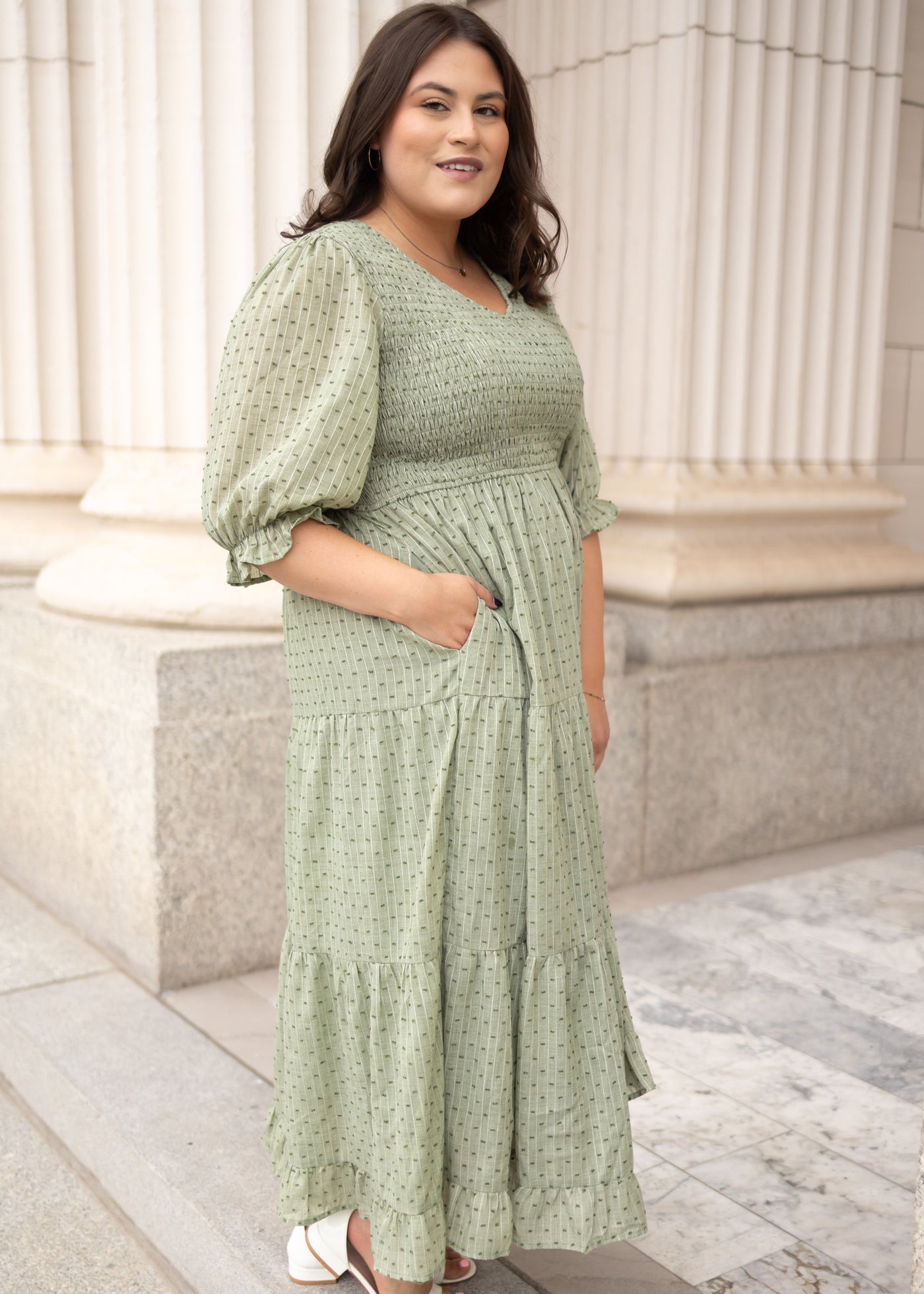 Plus size modest green smocked dress with pockets