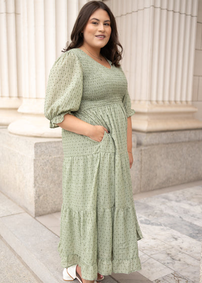 Plus size modest green smocked dress with pockets
