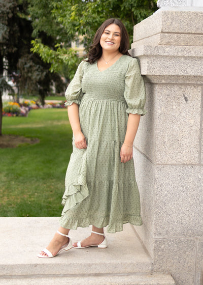 Modest plus size green smocked dress