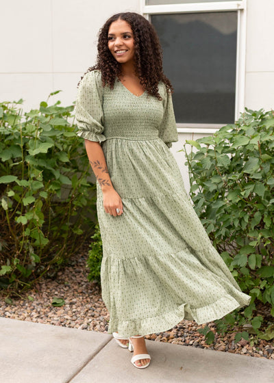 Modest vneck tiered green smocked dress