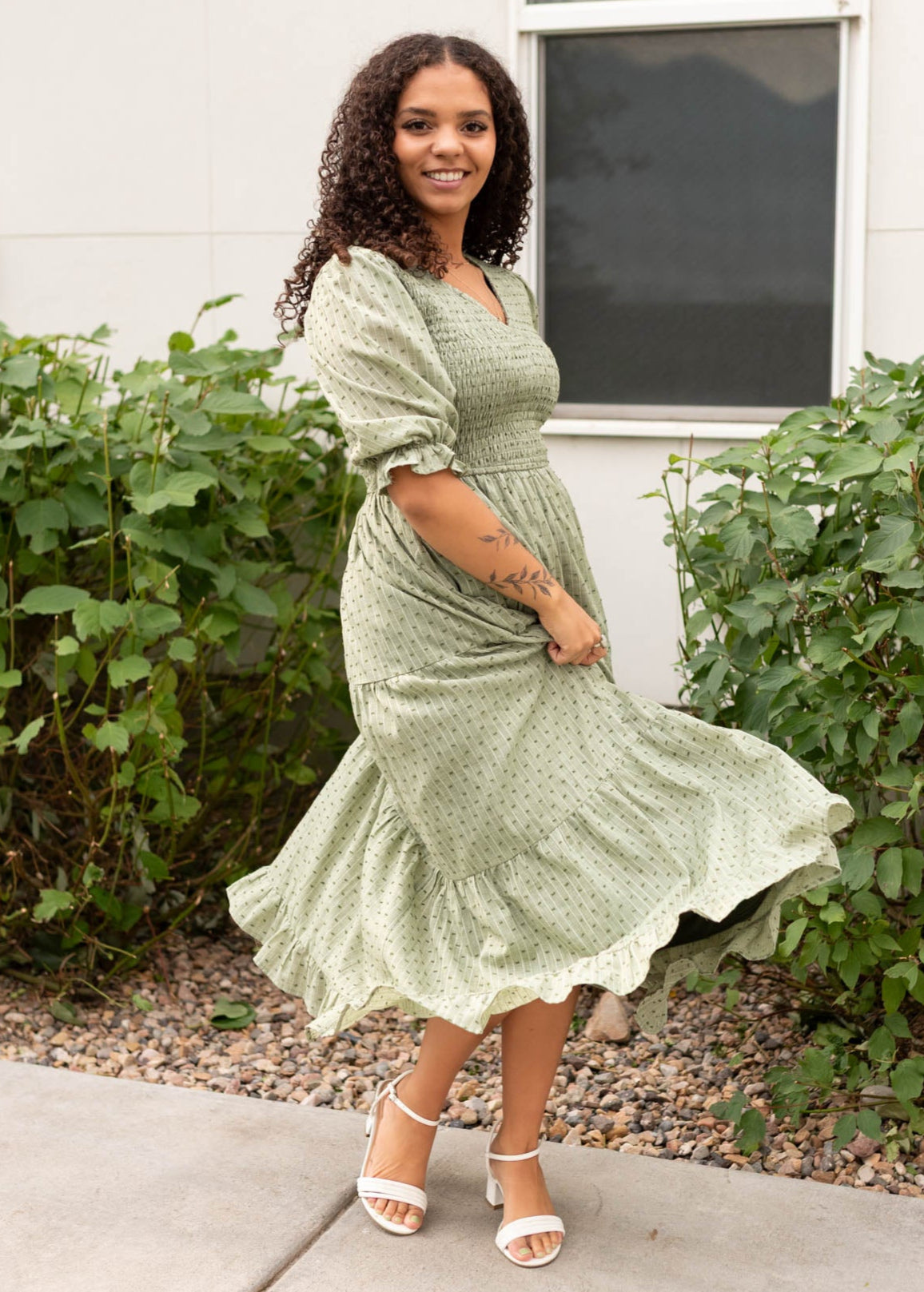 Short sleeve Lena Lou green smocked dress at Lena Layne