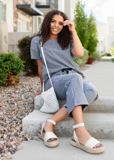 Drop sleeve black gingham top