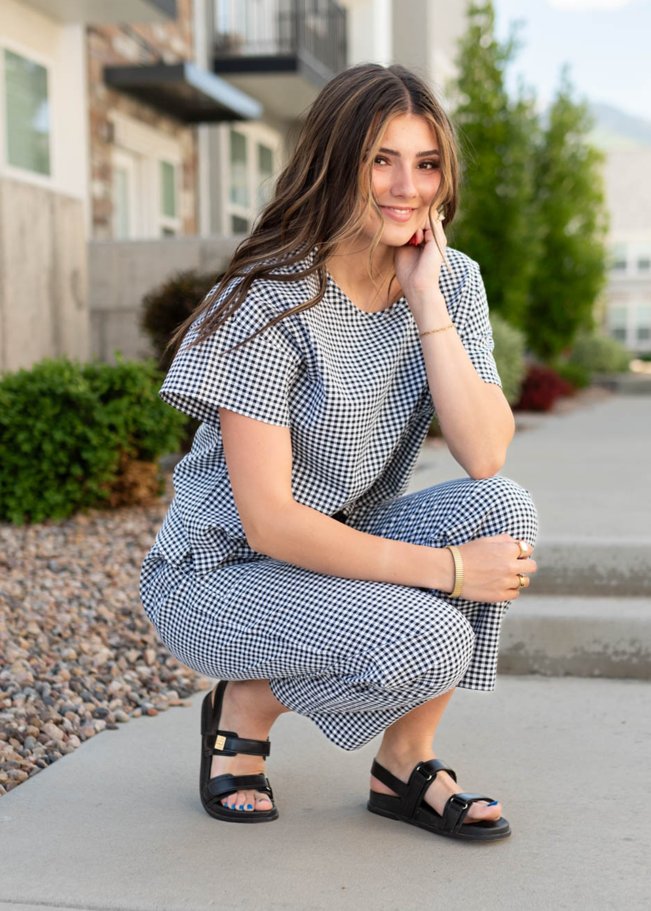 Black gingham top with short sleeves