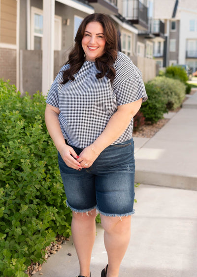 Plus size black gingham top with short sleeves
