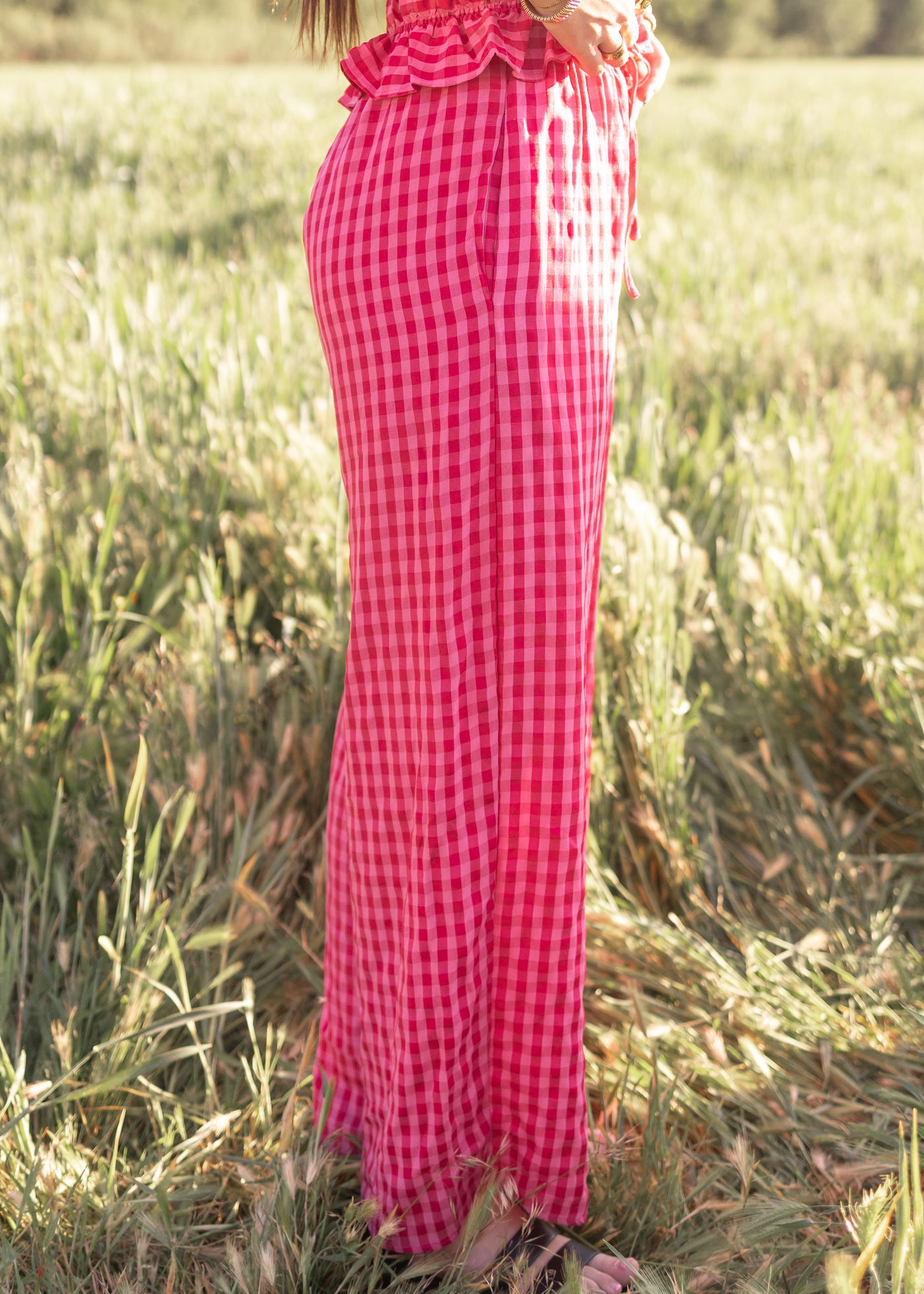 Lottie Fuchsia Gingham Wide-Leg Pants - Drawstring Waist, Pockets