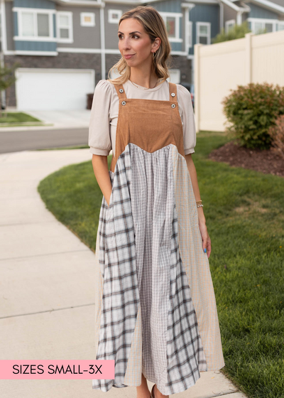 Cute modest patchwork overall dress in sizes small to 3x