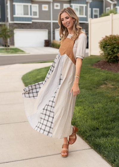 Multi color patchwork overall dress in sizes small to x-large and plus size 1x to 3x
