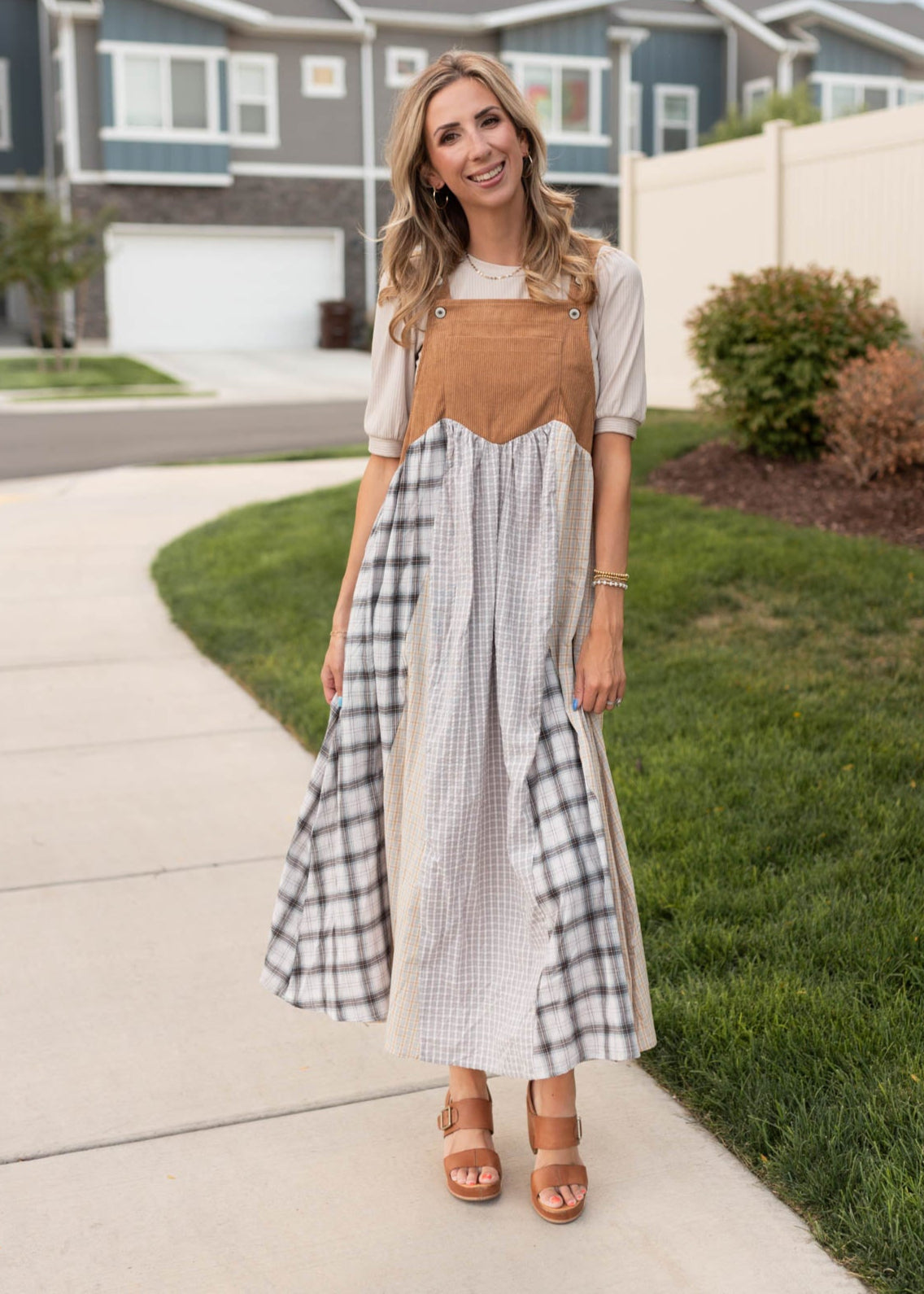 Modest patchwork overall dress sold at Lena Layne